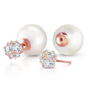 14K. GOLD TRIBAL DOUBLE SHELL PEARLS AND AQUAMARINES STUD EARRINGS (Rose Gold)